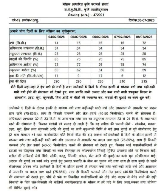 आगामी 5 दिनों तक वर्षा की संभावना को दृष्टिगत रखते हुये किसान खरीफ फसलों की बुवाई एवं बीजोपचार करें